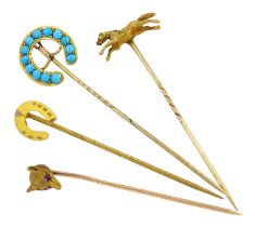 Four Victorian and later gold stick pins including turquoise horseshoe