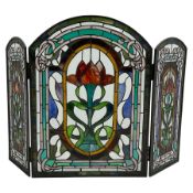 Art Nouveau design stained glass three panel fire screen