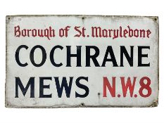 Enamel London Road sign 'Borough of St. Marylebone Cochrane Mews N.W.8' H45cm