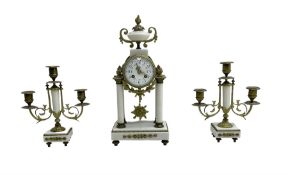 French - early Edwardian 8-day gilt metal and white marble clock garniture c1910