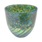 Jonathan Harris glass vase decorated with iridescent tonal spots and flowers over a mottled green ir