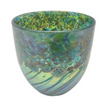 Jonathan Harris glass vase decorated with iridescent tonal spots and flowers over a mottled green ir