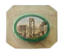 19th Century Italian micro mosaic broach depicting the Roman forum in Rome within a malachite frame