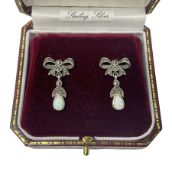 Silver marcasite and opal bow pendant earrings