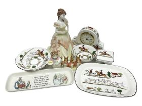Collection of ceramics including Wedgwood Hunting Scenes clock