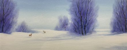 Mike Nance (British Contemporary): Winter Landscape with Stag