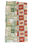 Pair of lined curtains in green ground fabric decorated with farming and hunting scenes (width at he