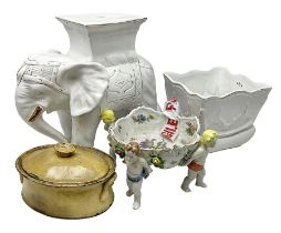 White glazed elephant jardiniere stand; Capo di Mote table centre-piece; and French game-pie dish