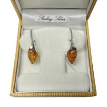 Pair of silver Baltic amber pendant earrings