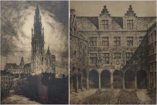 Contiental School (Early 20th century): Antwerp Cathedral and Courtyard