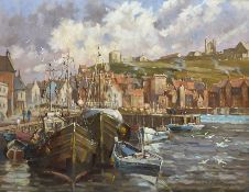 Donald Gray Midgely (British 1918-1995): Whitby Harbour with a View of the Abbey