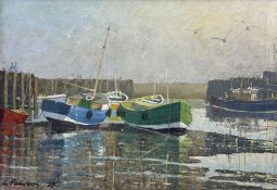 Les Pearson (British 1923-2010): Colourful Boats Bridlington Harbour