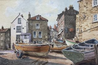 John Cecil Lund (British 1932-): Cobles at Robin Hood's Bay