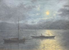 English School (Late 19th century): Boats on a Tranquil Lake by Moonlight