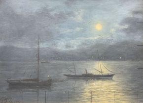 English School (Late 19th century): Boats on a Tranquil Lake by Moonlight