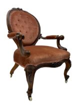 Victorian walnut framed open armchair