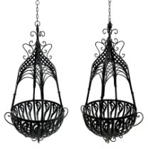 Pair of black finish wrought metal hanging baskets