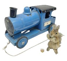 Tri-ang Express tin-plate pull along locomotive L33cm; and Steiff Possy plush covered squirrel with