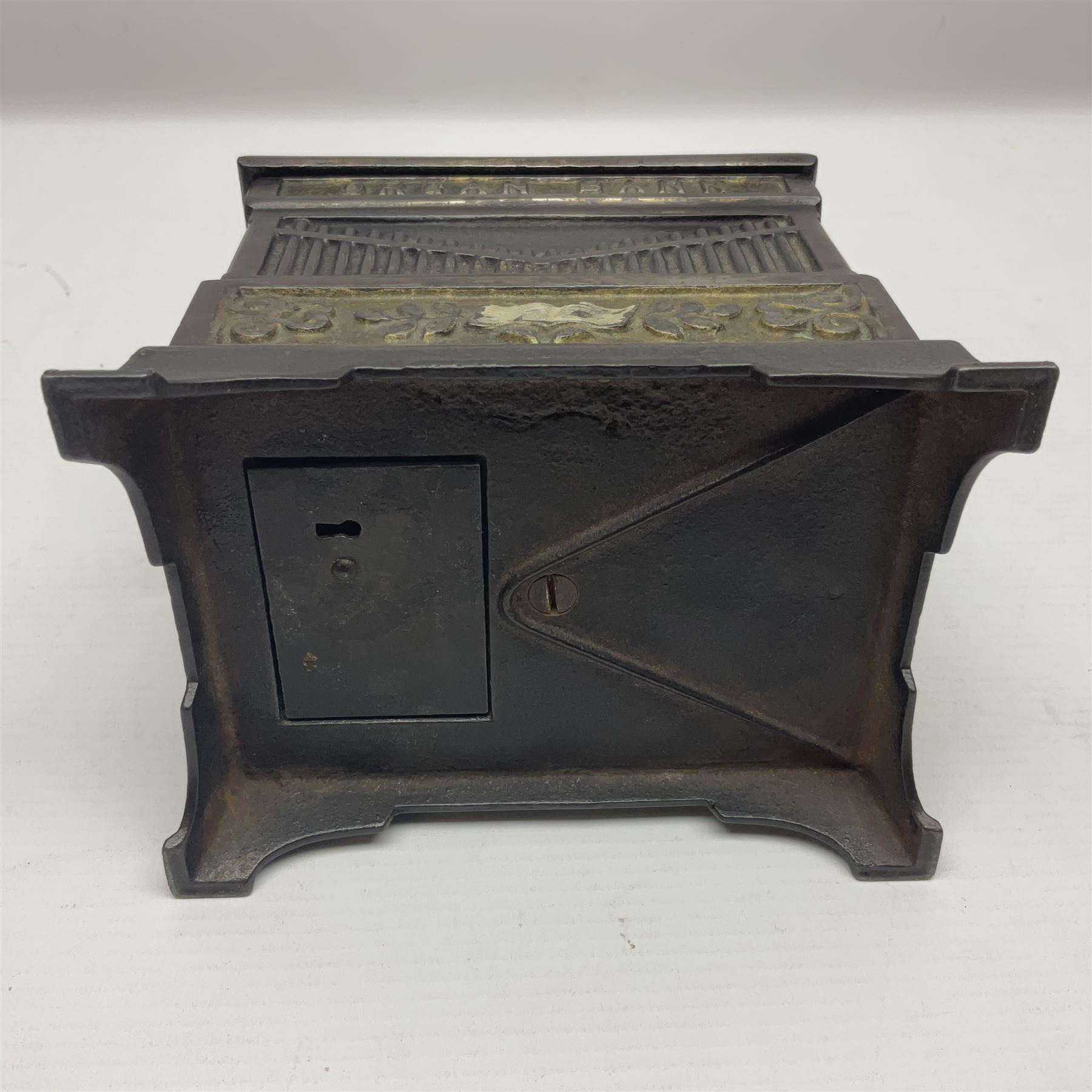 American 'Organ Bank' musical cast-iron mechanical money bank with hand cranked action and seated fi - Image 10 of 10