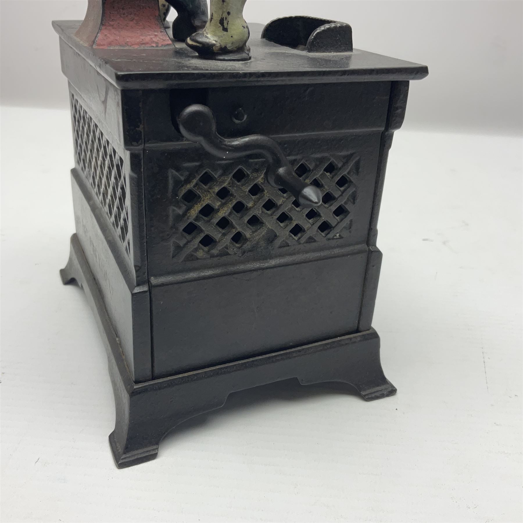 American 'Organ Bank' musical cast-iron mechanical money bank with hand cranked action and seated fi - Image 7 of 10