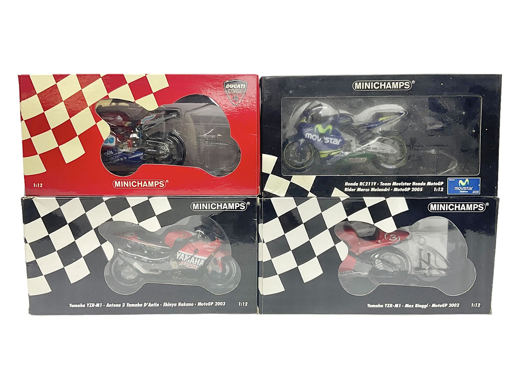 Four Minichamps 1:12 scale die-cast motorcycles - Honda RC211V Team Movistar Honda MotoGP Rider Marc