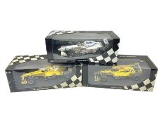 Three Minichamps 1:18 scale die-cast racing cars - Jordan Mugen Honda 198 D. Hill; Jordan Ford EJ13