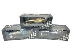 Three Minichamps '18' 1:18 scale die-cast racing cars - Jordan Peugeot 196 1996 R. Barrichello; Bene