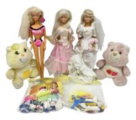 Three fashion dolls (Barbie and Sindy) with accessories and two Care Bears