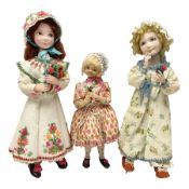Anna Meszaros Hungary - three hand made needlewrok figurines - each wearing a lon floral dress and b