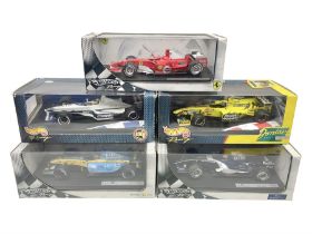 Five Mattel Hot Wheels 1:18 scale die-cast racing cars - Ferrari 248F1 Michael Schumacher
