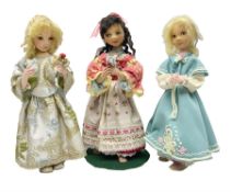 Anna Meszaros Hungary - three hand made needlework figurines - young girl in long floral dress stand