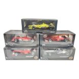 Five Mattel Hot Wheels 1:18 scale die-cast racing cars - Ferrari F1-2000 Michael Schumacher; Ferrari