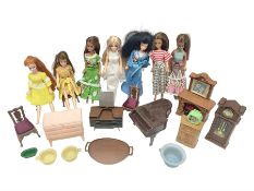 Seven Pippa dolls and a collection of plastic dolls house furniture