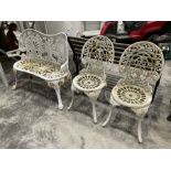 Cast aluminium white painted bench and two chairs