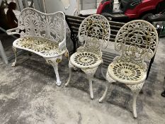 Cast aluminium white painted bench and two chairs