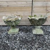 Pair of cast stone small garden planters on bases