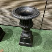 Pair of small Victorian style bronzed garden urns