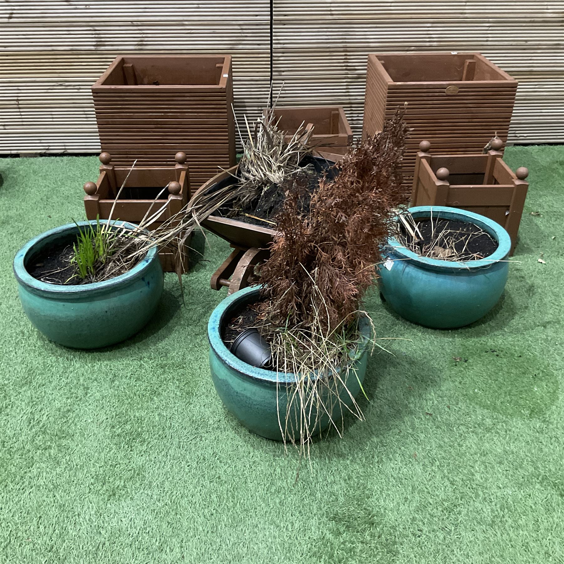 Three glazed circular garden pots