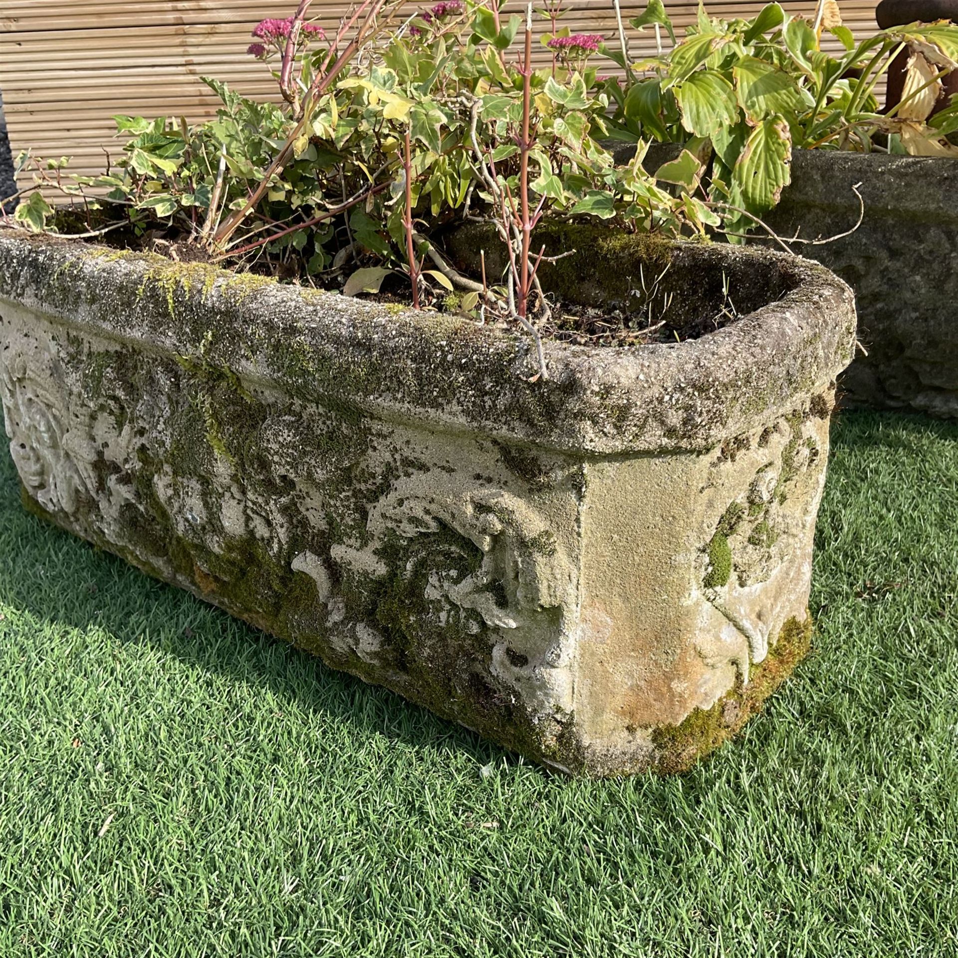 Pair of cast stone rectangular garden ornate planters and chimney pot - Image 2 of 5