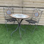 Mosaic garden table and two folding chairs