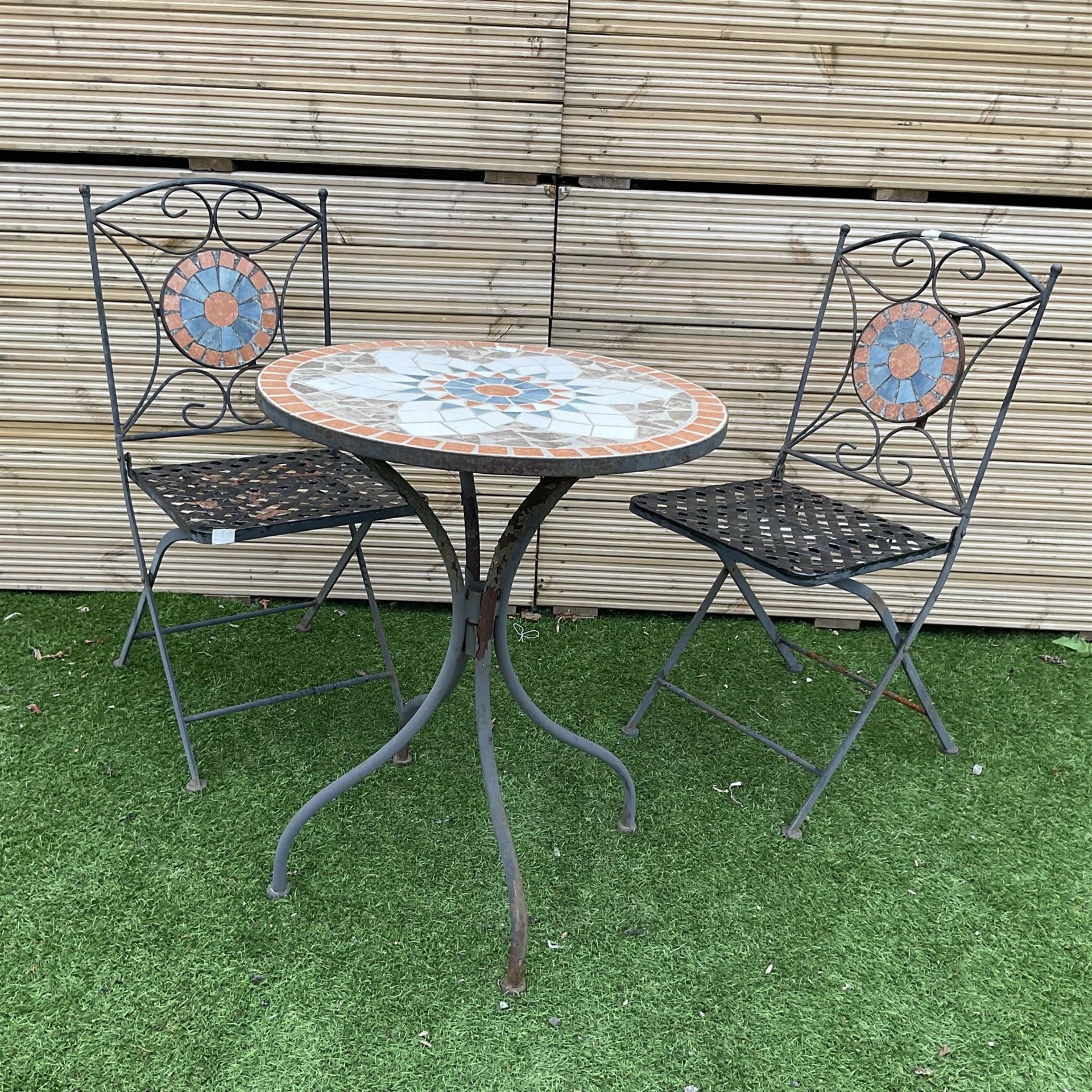 Mosaic garden table and two folding chairs