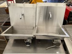 Pair of commercial stainless steel hot and cold hand wash stations