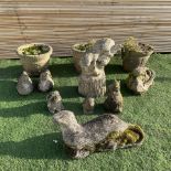 Quantity of cast stone animals and planters