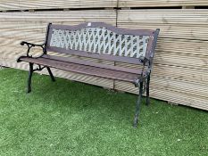 Large cast metal and wood slatted garden bench with lattice back