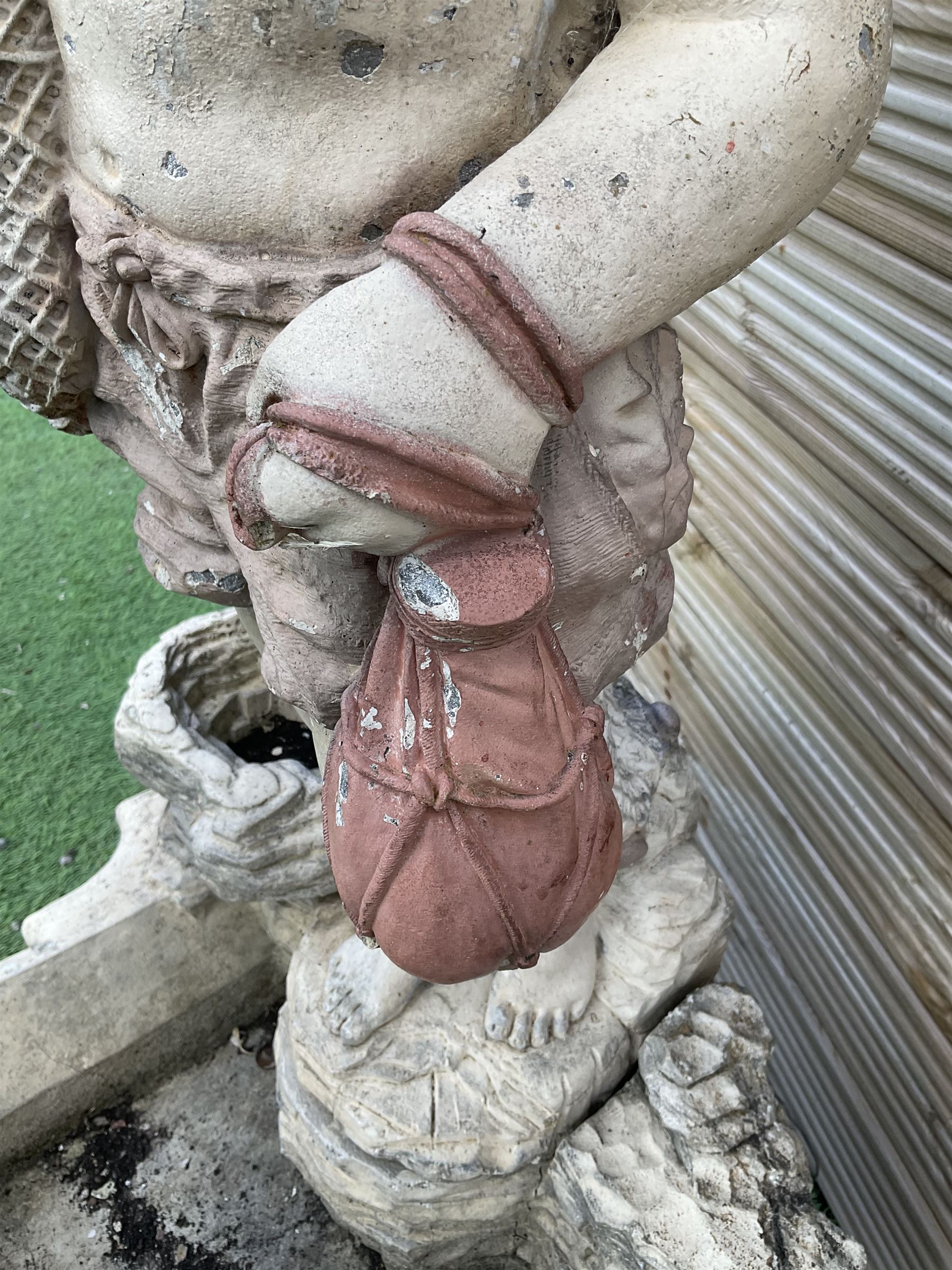 Three section cast stone garden figure of a boy carrying fishing net and a satchel with a water feat - Image 4 of 8