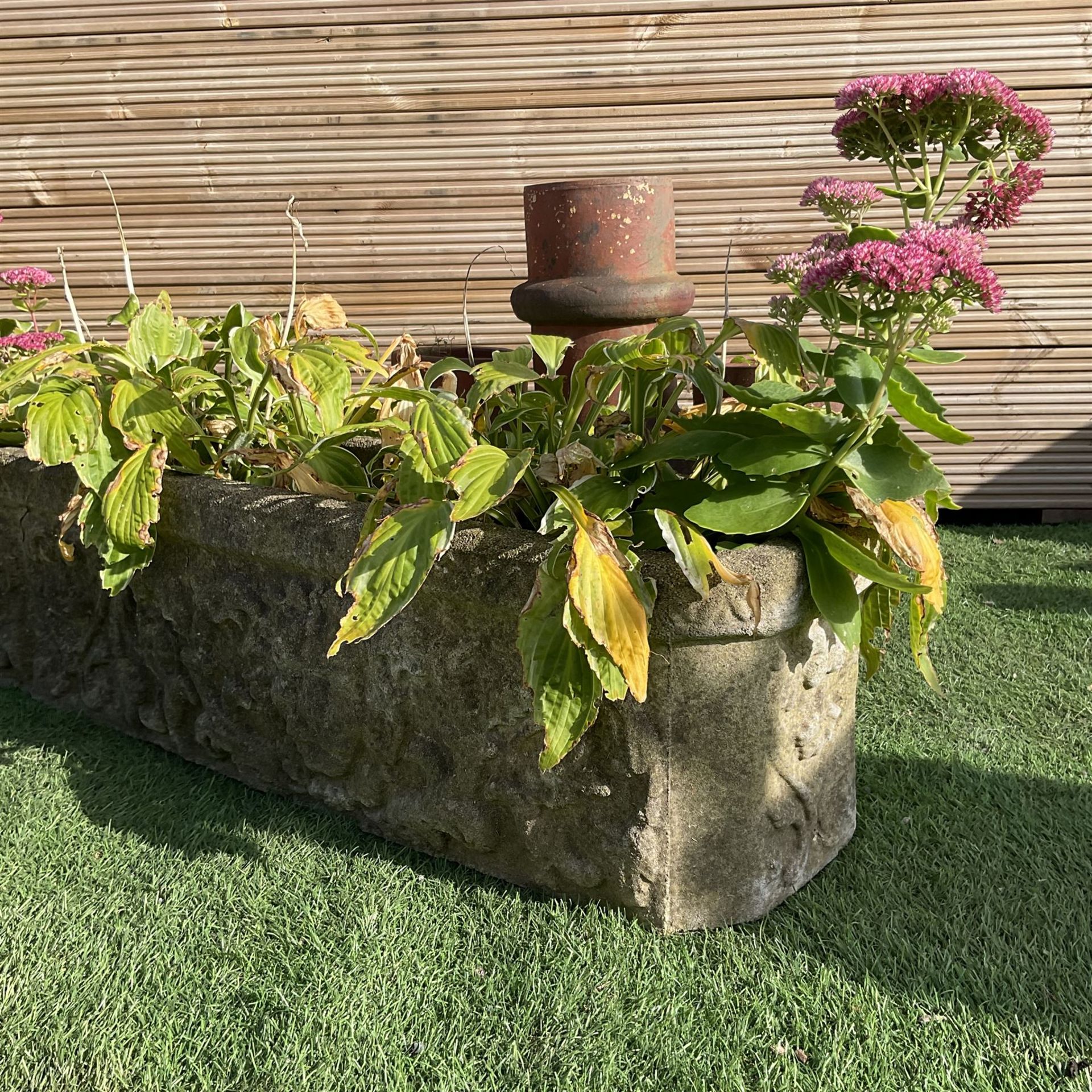 Pair of cast stone rectangular garden ornate planters and chimney pot - Image 5 of 5