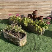 Pair of cast stone rectangular garden ornate planters and chimney pot