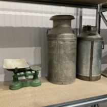 Pair of aluminium vintage milk churns and metal scale - THIS LOT IS TO BE COLLECTED BY APPOINTMENT F