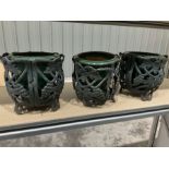 Victorian style cast metal planter/pot holder with three inserted terracotta glazed pots