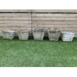 Set of five cast stone square planters